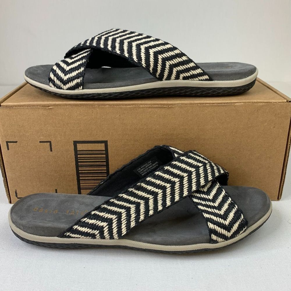 David Tate Womens Sandals Black‎ White Striped Open-Toe Slide Shoes Sz 11M